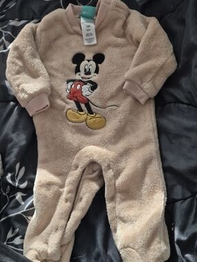 Disney Beige Plush Mickey Mouse Footed One-Piece with Red and Yellow Accents